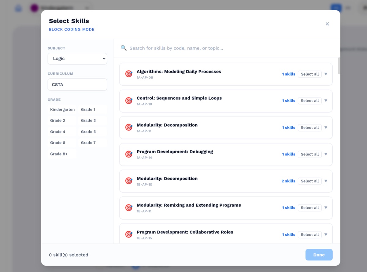 Skill picker for assigning standards-aligned content